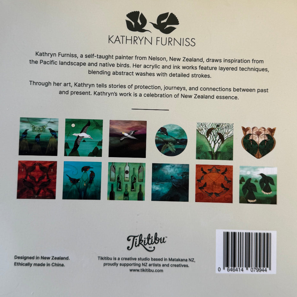 The back cover of a spiral-bound art print or sketchbook by Kathryn Furniss, photographed flat on a wooden surface. The white cover features printed text, a grid of small colorful artwork thumbnails, the artist's name, the TikiTuku logo, and a barcode.