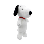A plush toy of Snoopy the white dog with black ears, black nose, and a red collar, standing against a plain white background.