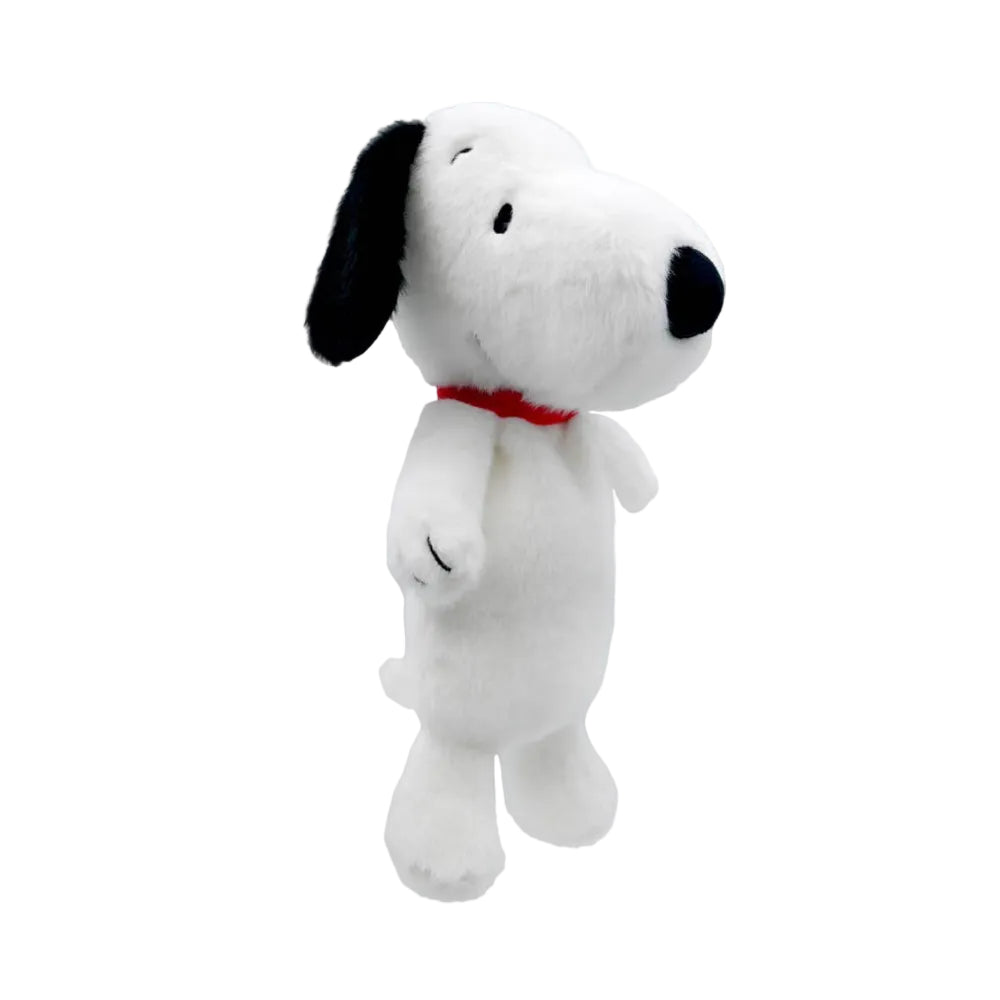 A plush toy of Snoopy the white dog with black ears, black nose, and a red collar, standing against a plain white background.