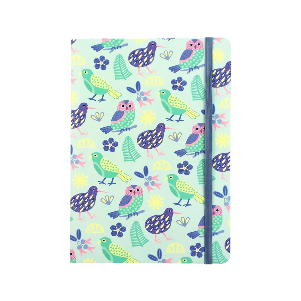 Kiwiana A5 Notebook with Band Birds Teal