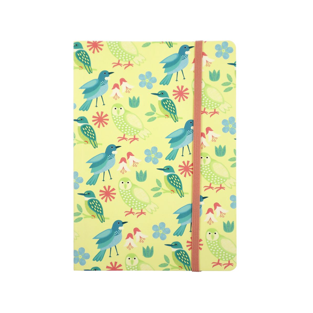 Kiwiana A5 Notebook with Band Birds Yellow