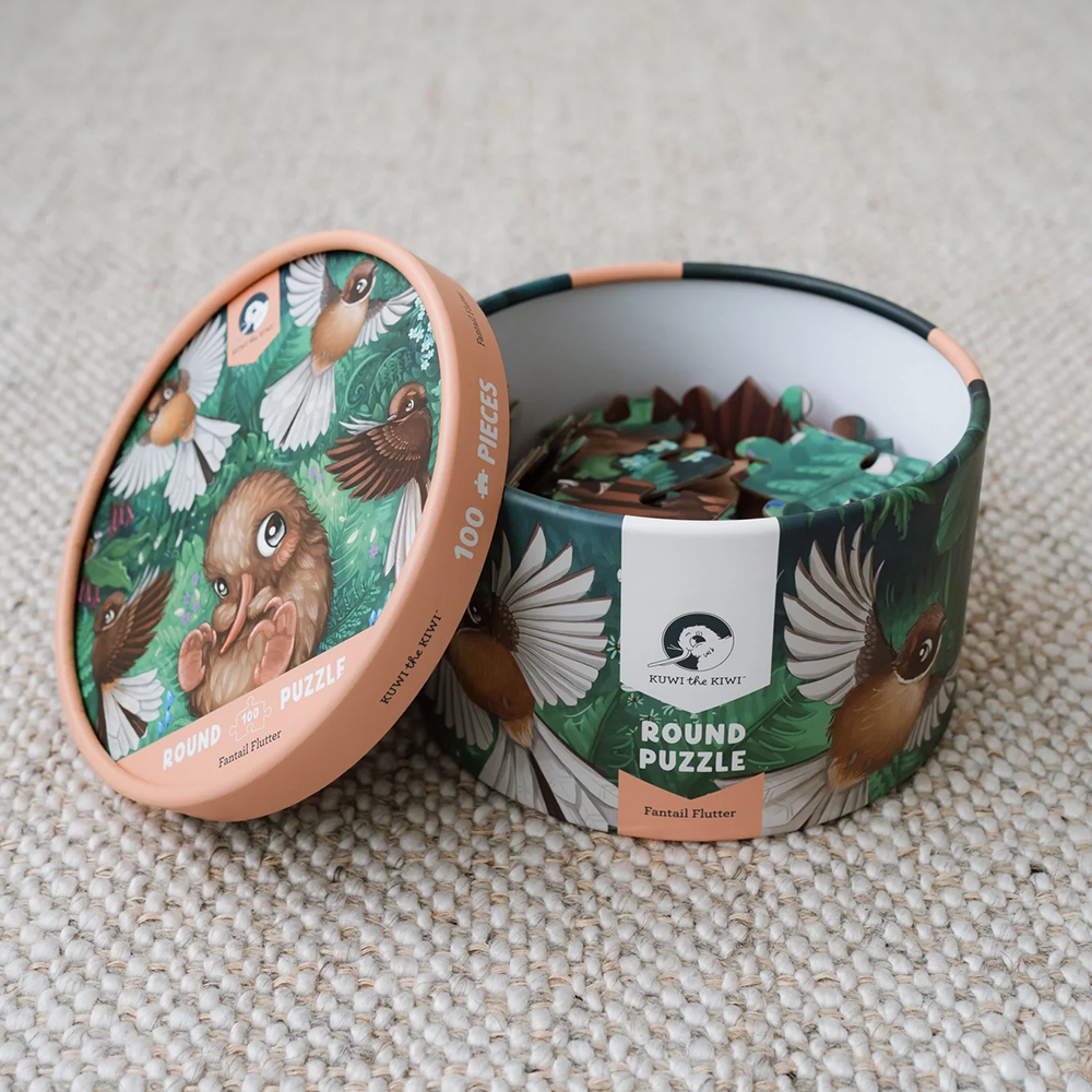 Kuwi the Kiwi Fantail Flutter Round 100 Piece Puzzle
