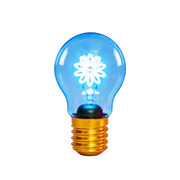 A hand is holding a clear glass light bulb with a glowing white flower-shaped bulb inside and a gold screw base, set against a dark gray background.