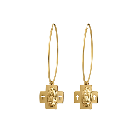 Lindi Kingi Earrings Saint Double Cross 4cm Hoops Gold