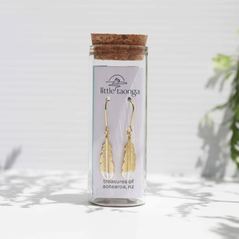 Little Taonga Earrings Huia Feather Gold with Silver Tip