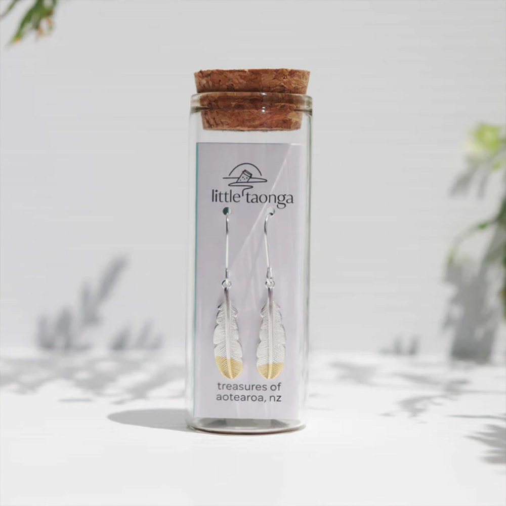 Little Taonga Earrings Huia Feather Silver with Gold Tip