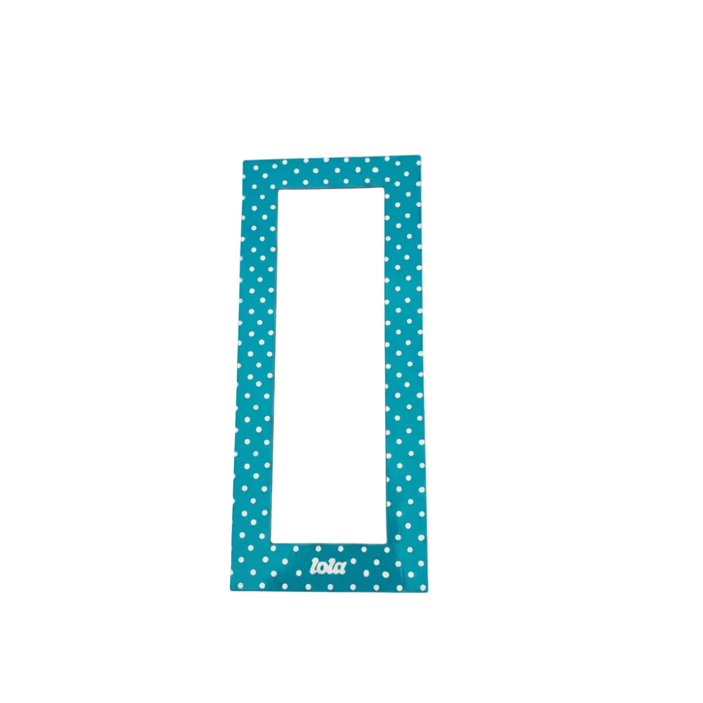 A rectangular decorative frame with a blue and white polka dot pattern, featuring a blank white center, shown on a light gray background.