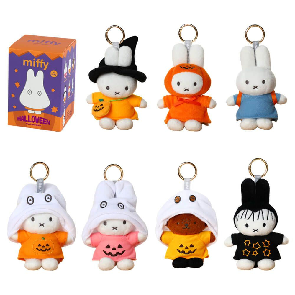 Set of Miffy Halloween-themed keychains in various costumes on a white background.