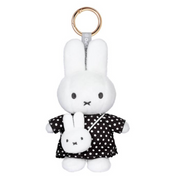 A Miffy plush keychain featuring the character in a black dress with white polka dots, holding a matching crossbody bag, with a gold-tone key ring at the top.