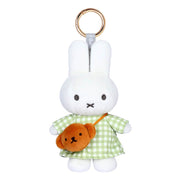 A white plush bunny keychain wearing a light green and white gingham dress, carrying a small orange plush bear crossbody bag, with a gold metal key ring at the top.