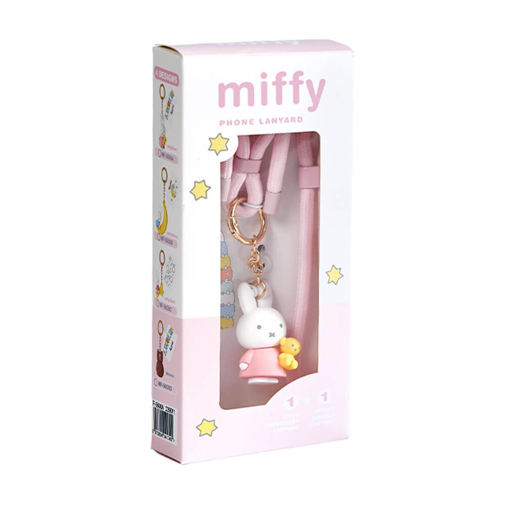 Miffy branded phone lanyard in its retail packaging, featuring a pink lanyard with a white rabbit charm holding a yellow teddy bear, shown in a white and pink box with star accents.