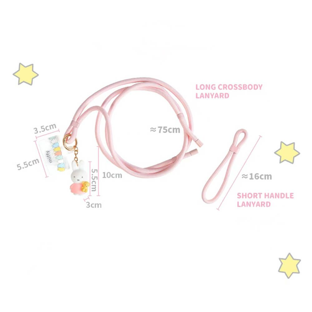 Pink crossbody lanyard and short handle lanyard shown on a white background with dimension labels and small decorative star graphics.