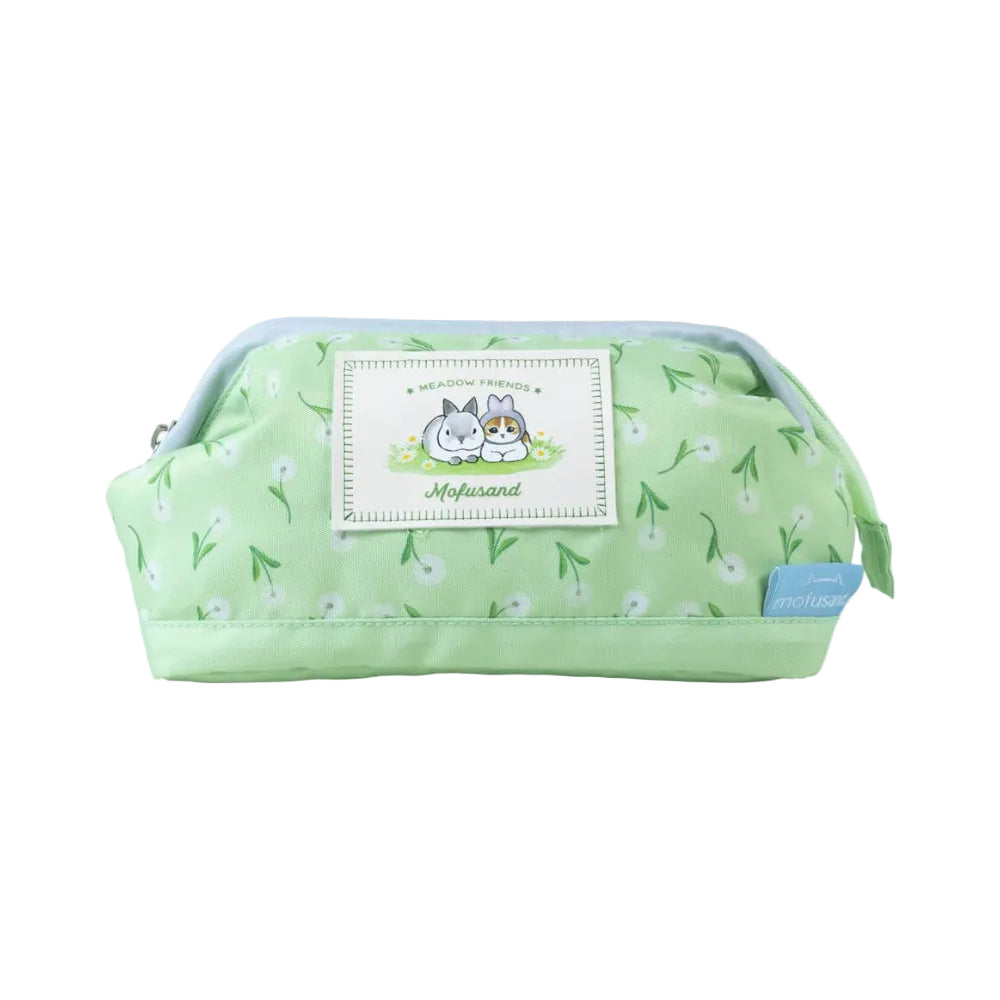 A light green zippered pouch with a dandelion pattern, featuring a central white patch with cartoon rabbits and the text 'Mofusand', on a plain white background.
