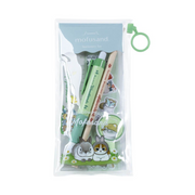 Mofusand stationery set in a clear zippered pouch with a green hanging loop, containing two green and beige pens with cute rabbit illustrations.