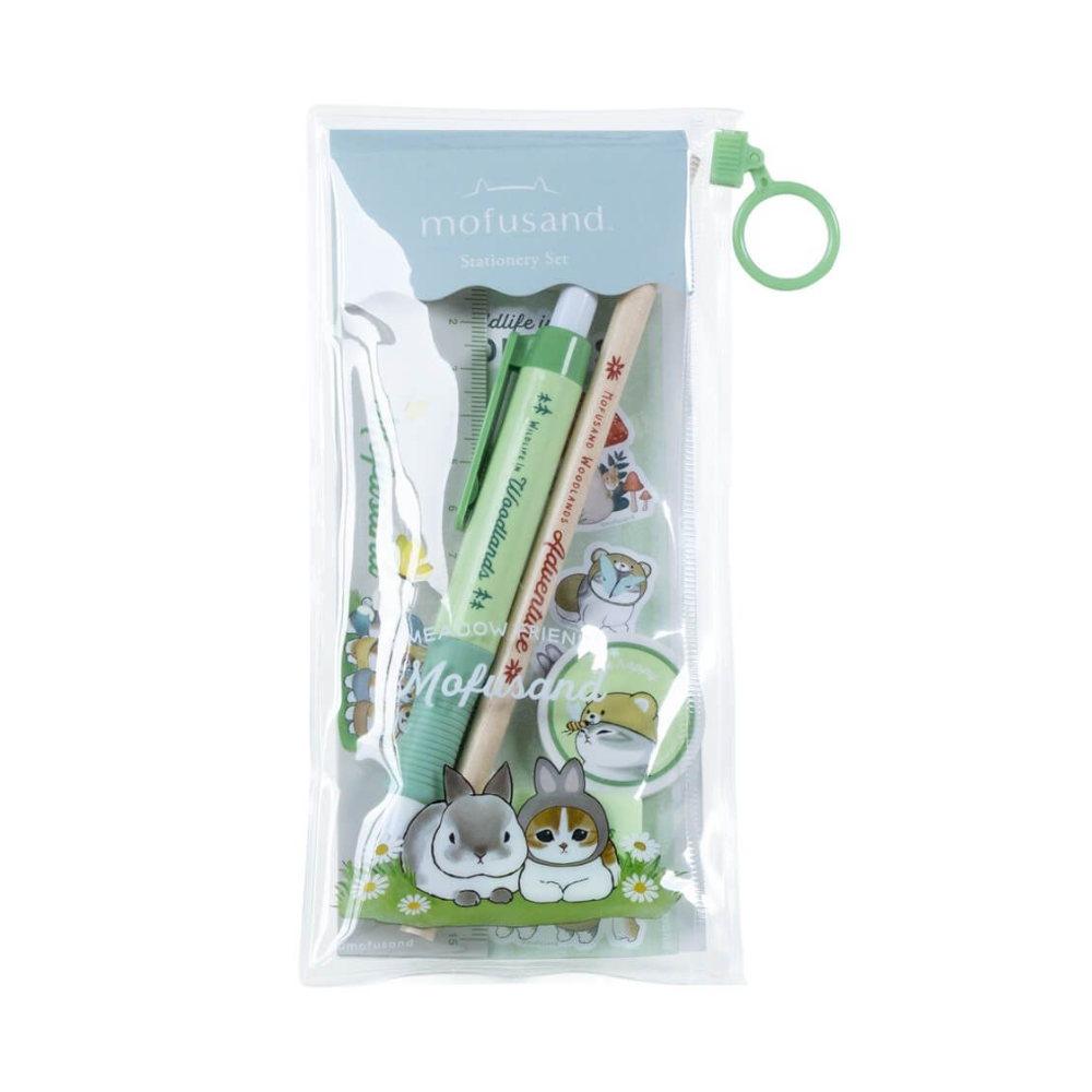 Mofusand stationery set in a clear zippered pouch with a green hanging loop, containing two green and beige pens with cute rabbit illustrations.