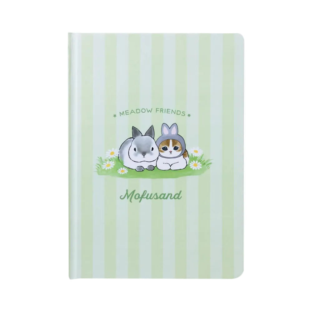 A hardcover notebook with a light green and white vertical stripe pattern. The front cover features an illustration of a gray rabbit and a calico cat wearing bunny hoodies, sitting on a patch of grass with daisies.