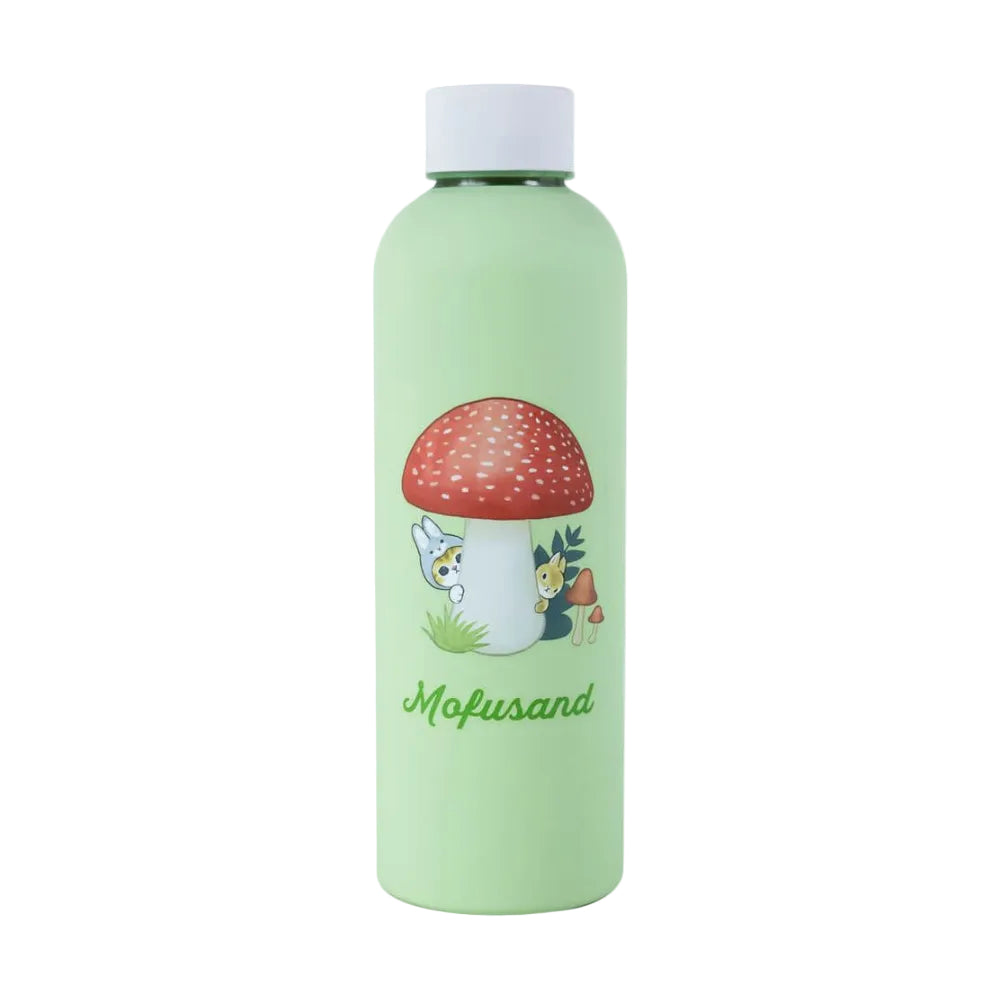 A light green bottle with a white cap, featuring a cartoon illustration of a red-and-white mushroom and the word 'Mofusand' in green script on the front.