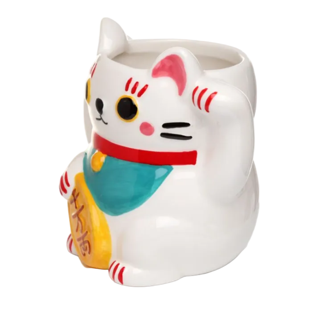 White Maneki Neko Lucky Cat Ceramic Shaped Mug