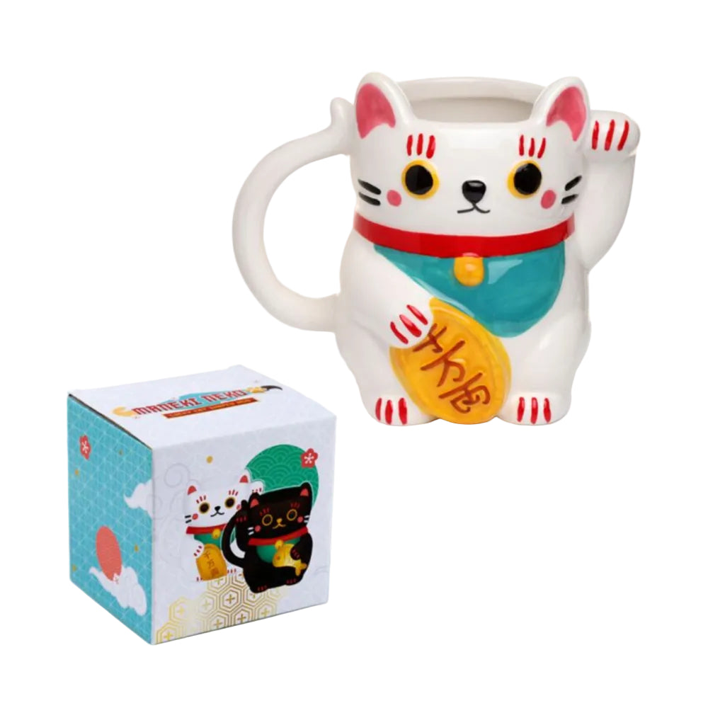 White Maneki Neko Lucky Cat Ceramic Shaped Mug