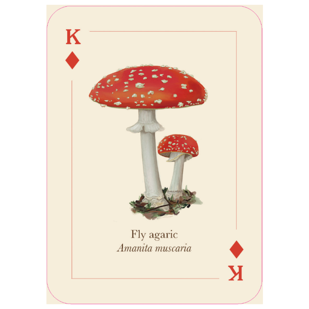 Playing card with a King of Diamonds design featuring fly agaric mushrooms on a beige background.