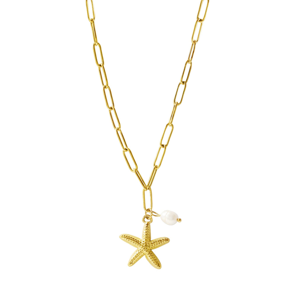 Gold necklace with a starfish pendant on a white background