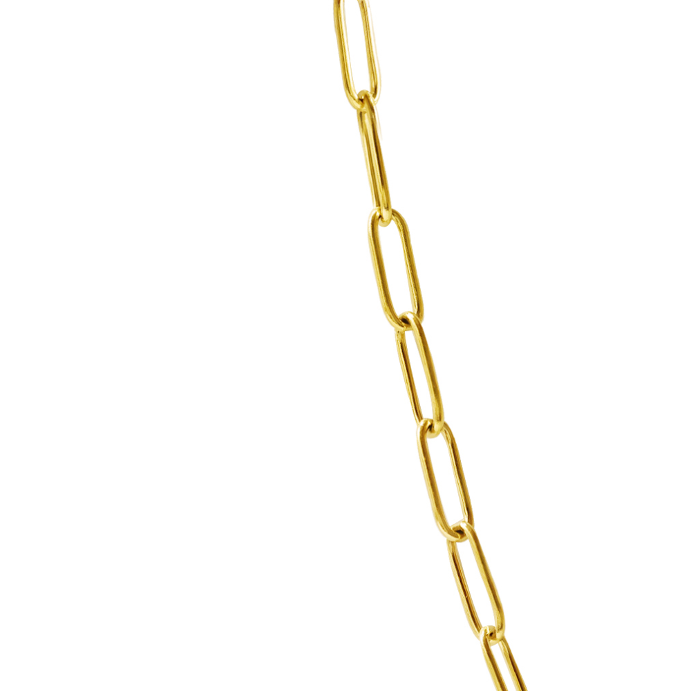 A gold paperclip chain necklace featuring a textured gold starfish pendant and a small white pearl bead, shown on a plain white background.
