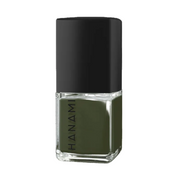 A bottle of Hanami nail polish in a muted olive green shade, featuring a black cap and a clear glass base with the brand name printed vertically.