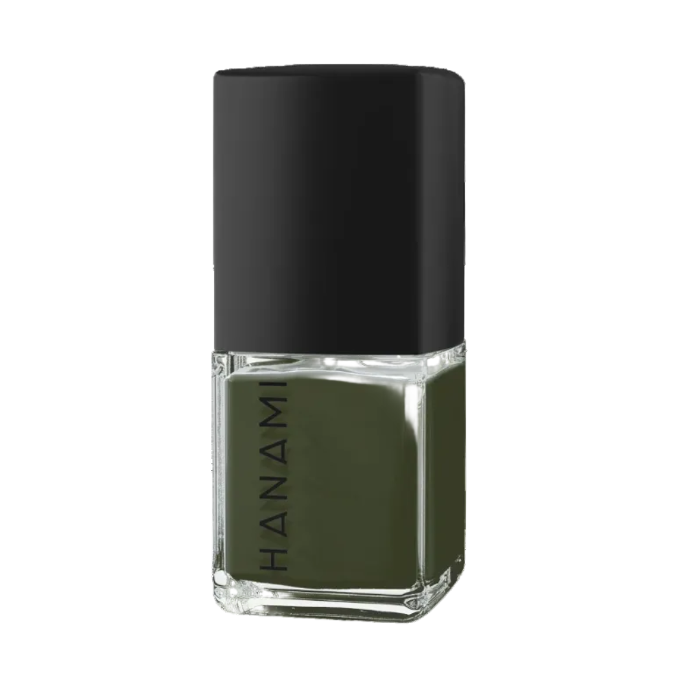 A bottle of Hanami nail polish in a muted olive green shade, featuring a black cap and a clear glass base with the brand name printed vertically.