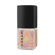 A bottle of Hanami nail polish with a black cap and a holographic, iridescent pink and yellow liquid inside a clear glass bottle, shown on a white background.
