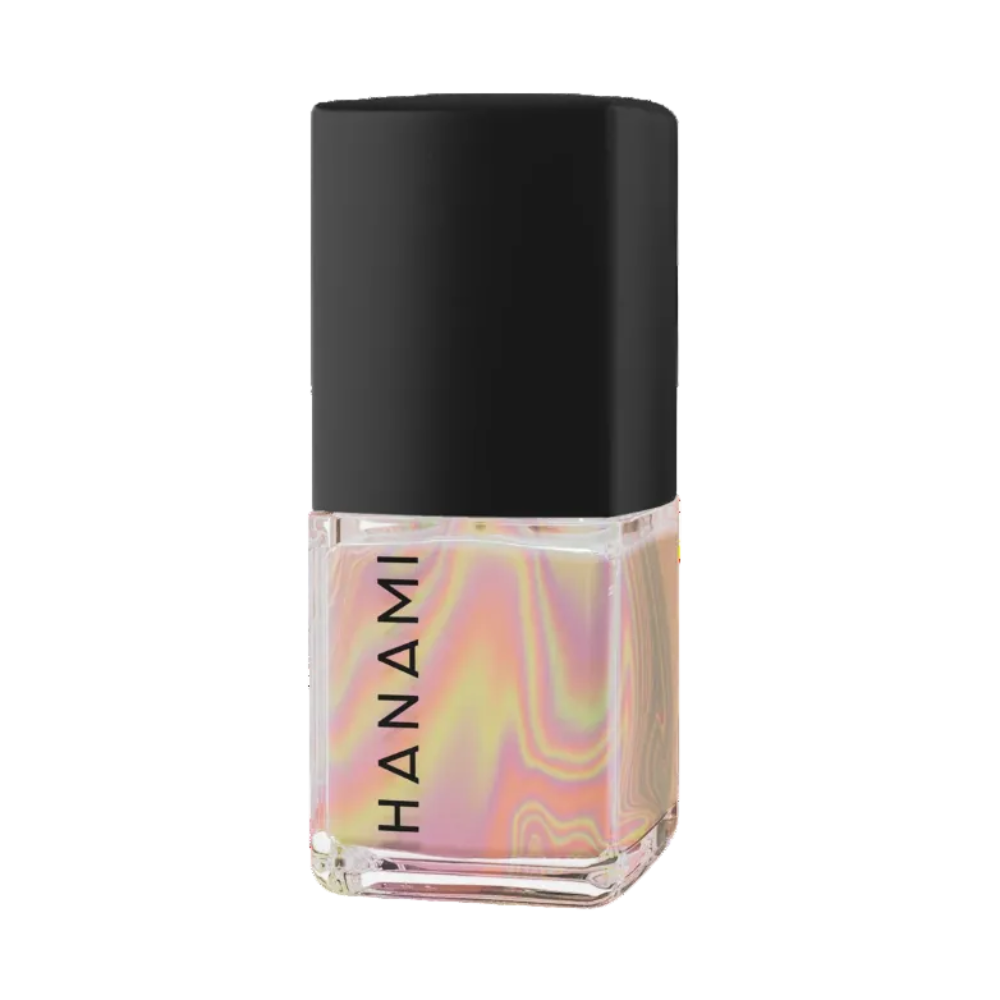 A bottle of Hanami nail polish with a black cap and a holographic, iridescent pink and yellow liquid inside a clear glass bottle, shown on a white background.