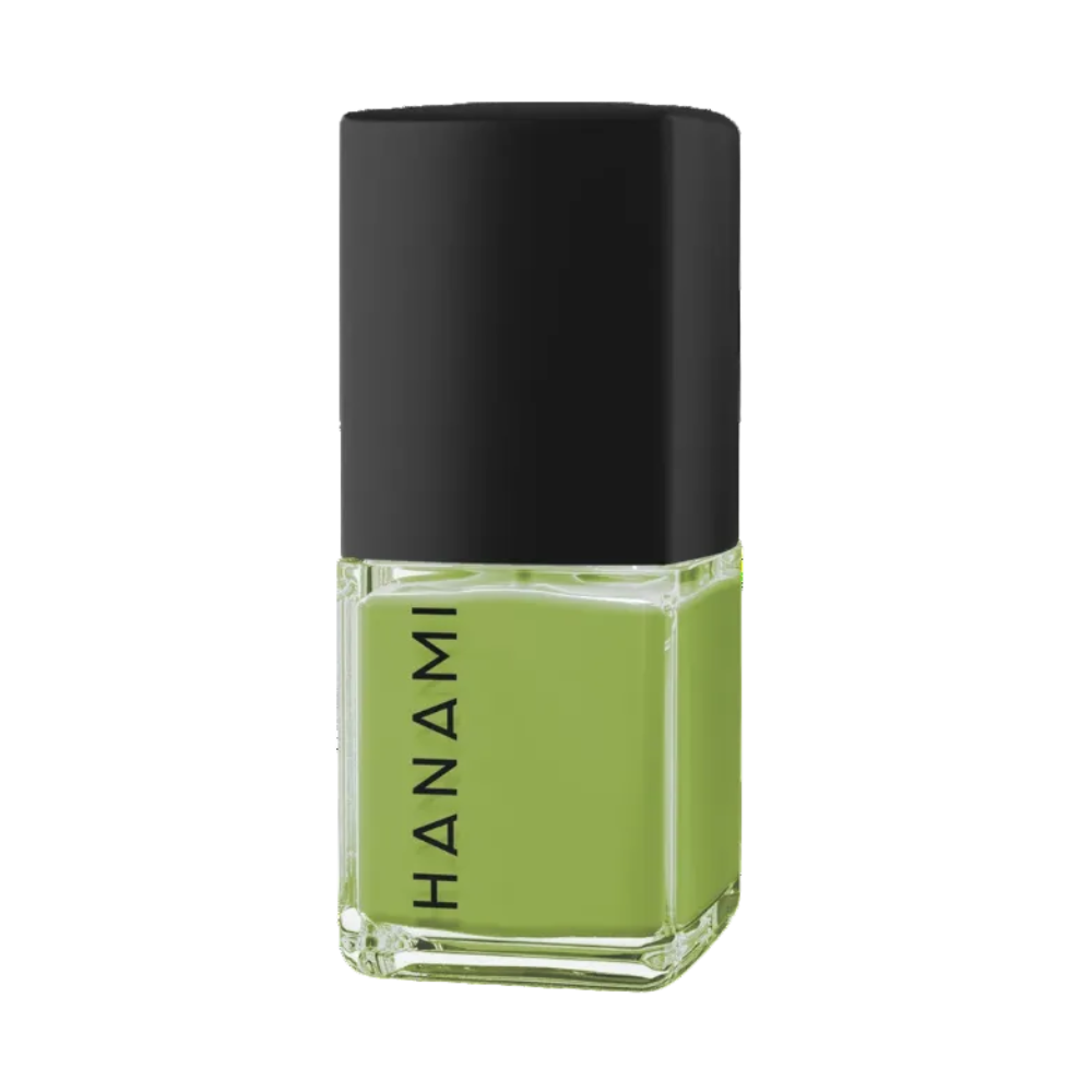 A bottle of Hanami nail polish in a light olive green shade, featuring a black cap and clear glass bottle, shown on a solid white background.