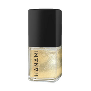 A bottle of Hanami nail polish with a black cap and a clear glass base showing a sparkling gold glitter polish inside, set against a plain white background.