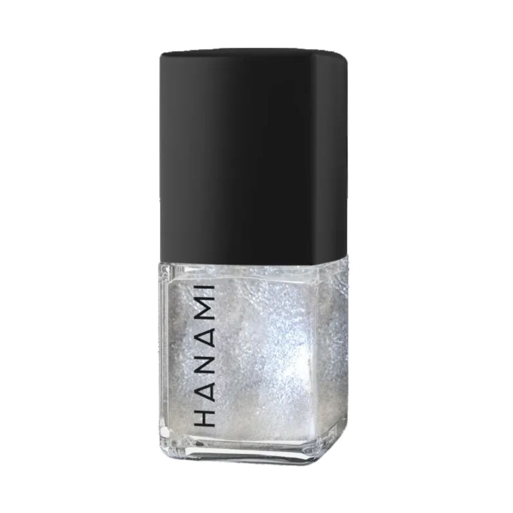 A bottle of Hanami nail polish with a black cap and a clear glass base showing a shimmering silver glitter liquid, isolated on a white background.