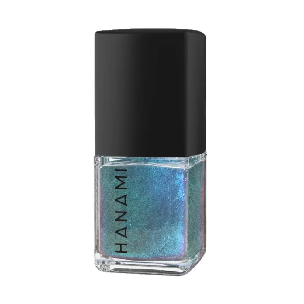 A bottle of Hanami nail polish with a black cap and a clear glass base showing a shimmering, iridescent blue-green nail polish.