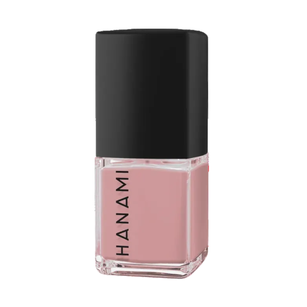 Lavender nail polish bottle with black cap on a white background