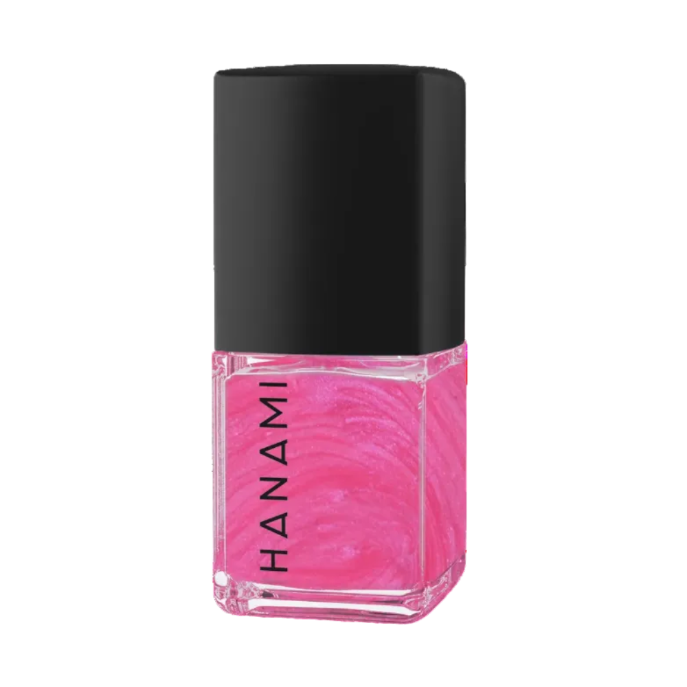 A bottle of Hanami nail polish with a vibrant pink marbled liquid inside a clear glass bottle and a matte black cap, shown on a plain white background.