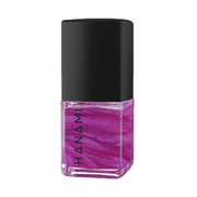 A bottle of Hanami nail polish with a vibrant magenta-purple marbled pattern inside a clear glass bottle, topped with a matte black cap, on a solid white background.