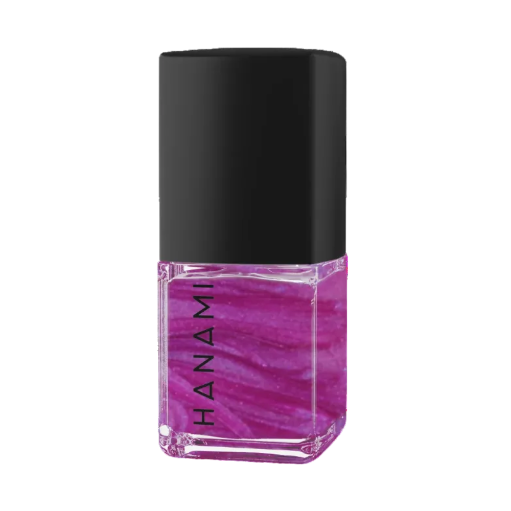 A bottle of Hanami nail polish with a vibrant magenta-purple marbled pattern inside a clear glass bottle, topped with a matte black cap, on a solid white background.