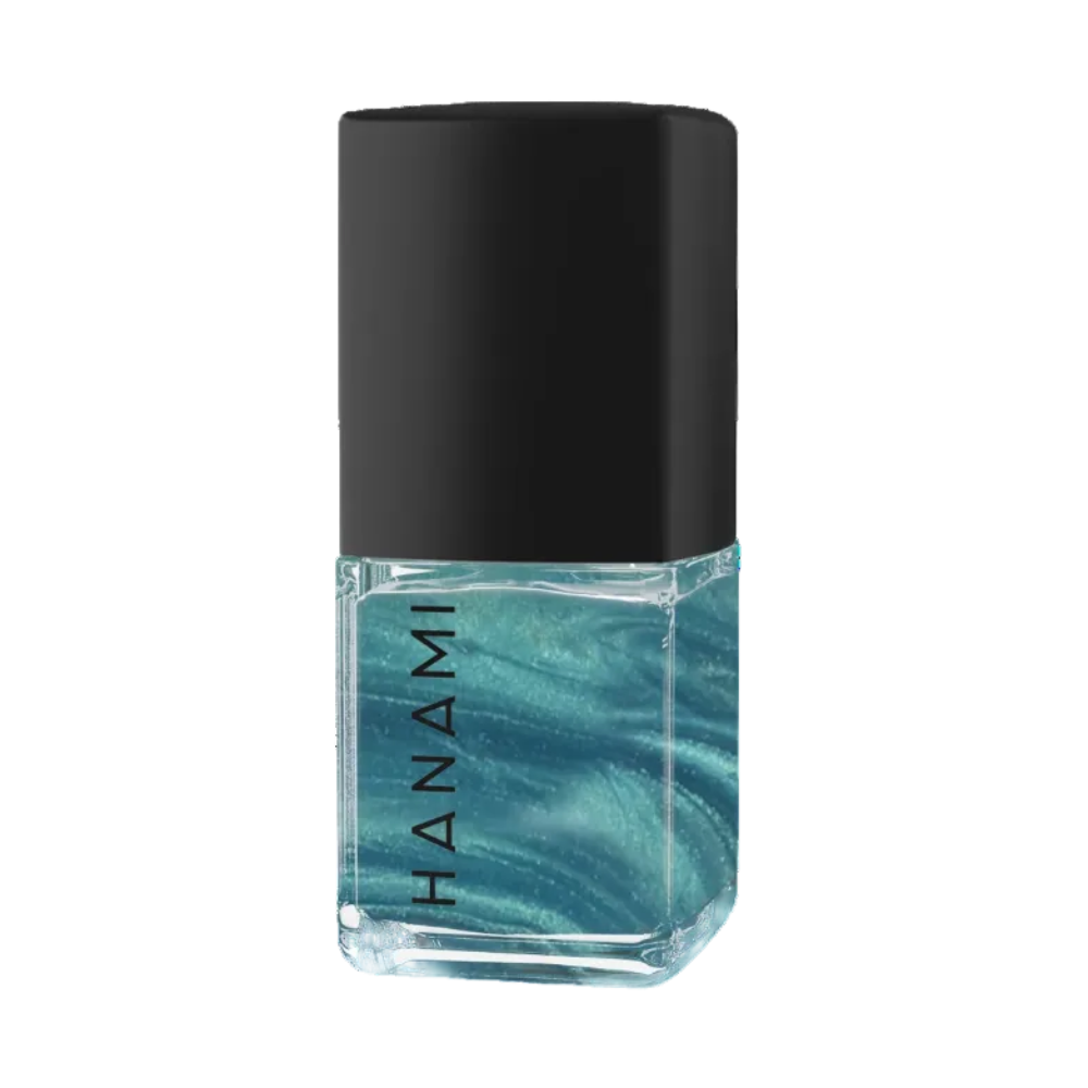 A bottle of Hanami nail polish with a black cap and a swirling teal and blue glitter polish inside a clear glass bottle, shown on a solid white background.