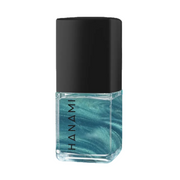 A bottle of Hanami nail polish with a black cap and a swirling teal and blue glitter polish inside a clear glass bottle, shown on a solid white background.