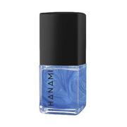A bottle of Hanami nail polish with a black cap and a clear glass base showing a marbled blue and silver glitter polish, set against a plain white background.