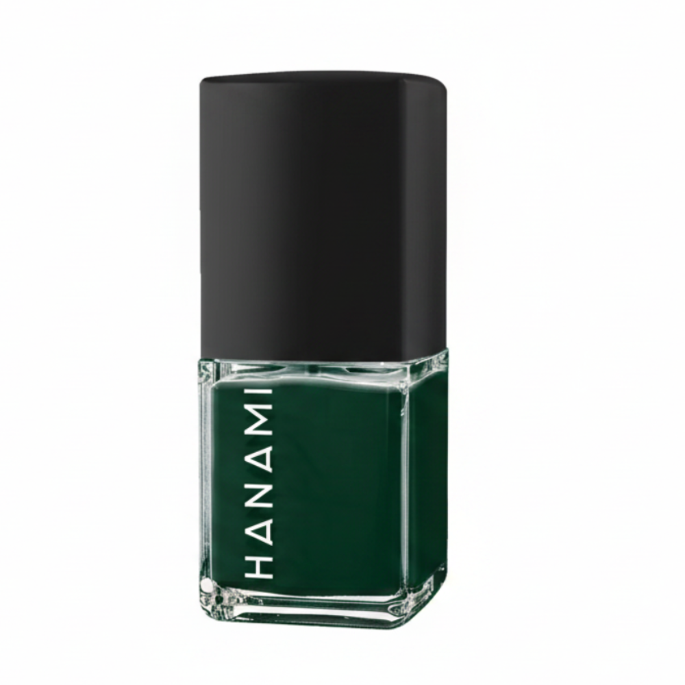 A bottle of Hanami nail polish in a deep forest green shade, featuring a black cap and a clear glass base with the brand name printed vertically in white.