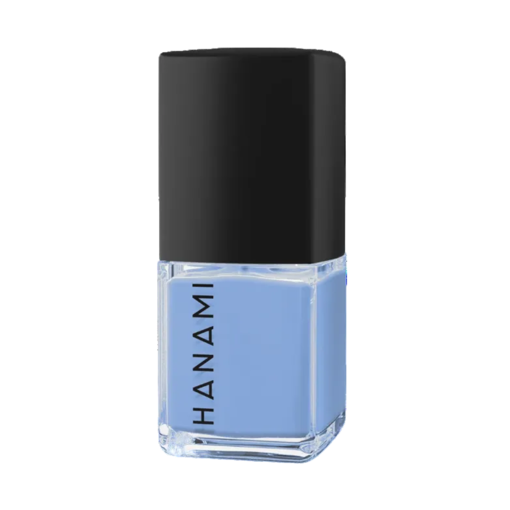 Lavender nail polish bottle with black cap on a white background