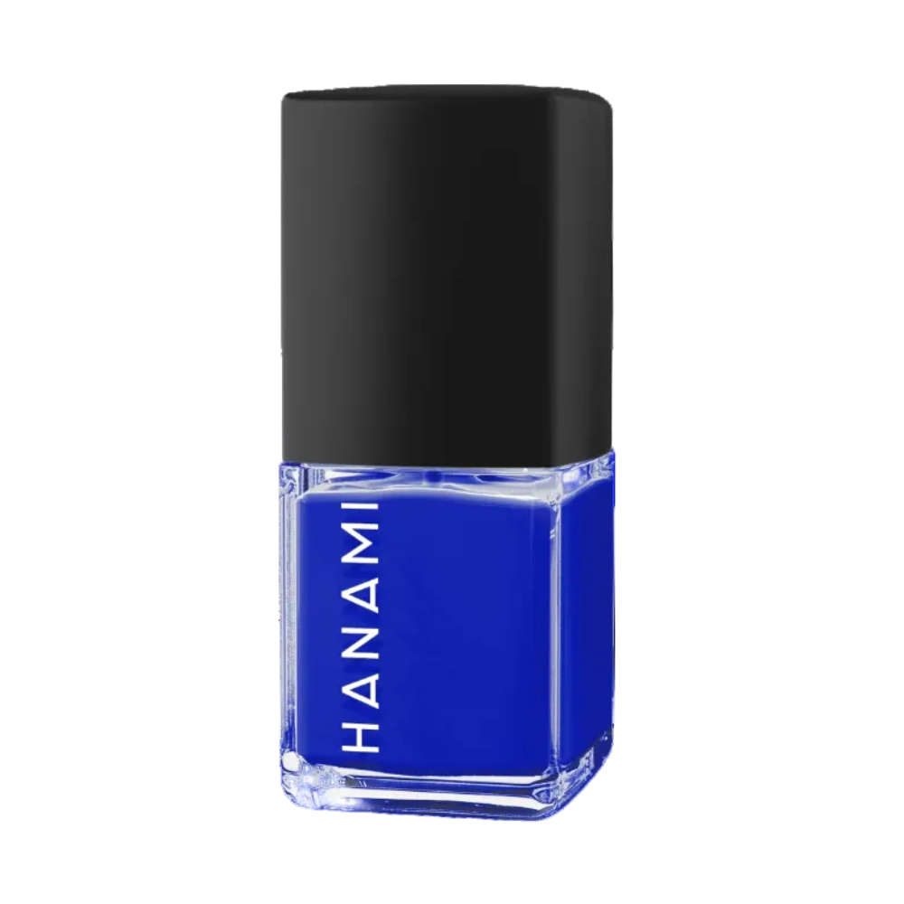 A bottle of Hanami nail polish in a vibrant royal blue shade, featuring a black cap and clear glass bottle with the brand name printed vertically in white.