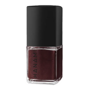 A bottle of Hanami nail polish in a deep, shimmering burgundy red shade, featuring a matte black cap and a clear glass base, set against a plain white background.