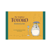 My Neighbor Totoro Stationery Set box featuring a yellow-orange textured background with a green side border, the Totoro character under an umbrella, and text reading 'My Neighbor Totoro Stationery Set' and '30 writing sheets & envelopes, plus stickers'.