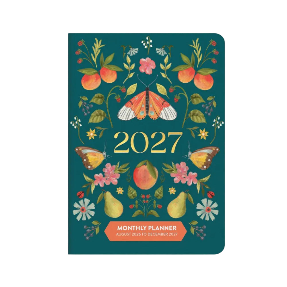 A 2027 monthly planner cover featuring a dark teal background decorated with watercolor-style illustrations of peaches, pears, flowers, leaves, butterflies, and the large number 2027 in gold. An orange banner at the bottom reads 'MONTHLY PLANNER AUGUST 2026 TO DECEMBER 2027'.