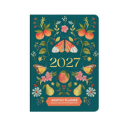 A 2027 monthly planner cover featuring a dark teal background decorated with watercolor-style illustrations of peaches, pears, flowers, leaves, butterflies, and the large number 2027 in gold. An orange banner at the bottom reads 'MONTHLY PLANNER AUGUST 2026 TO DECEMBER 2027'.
