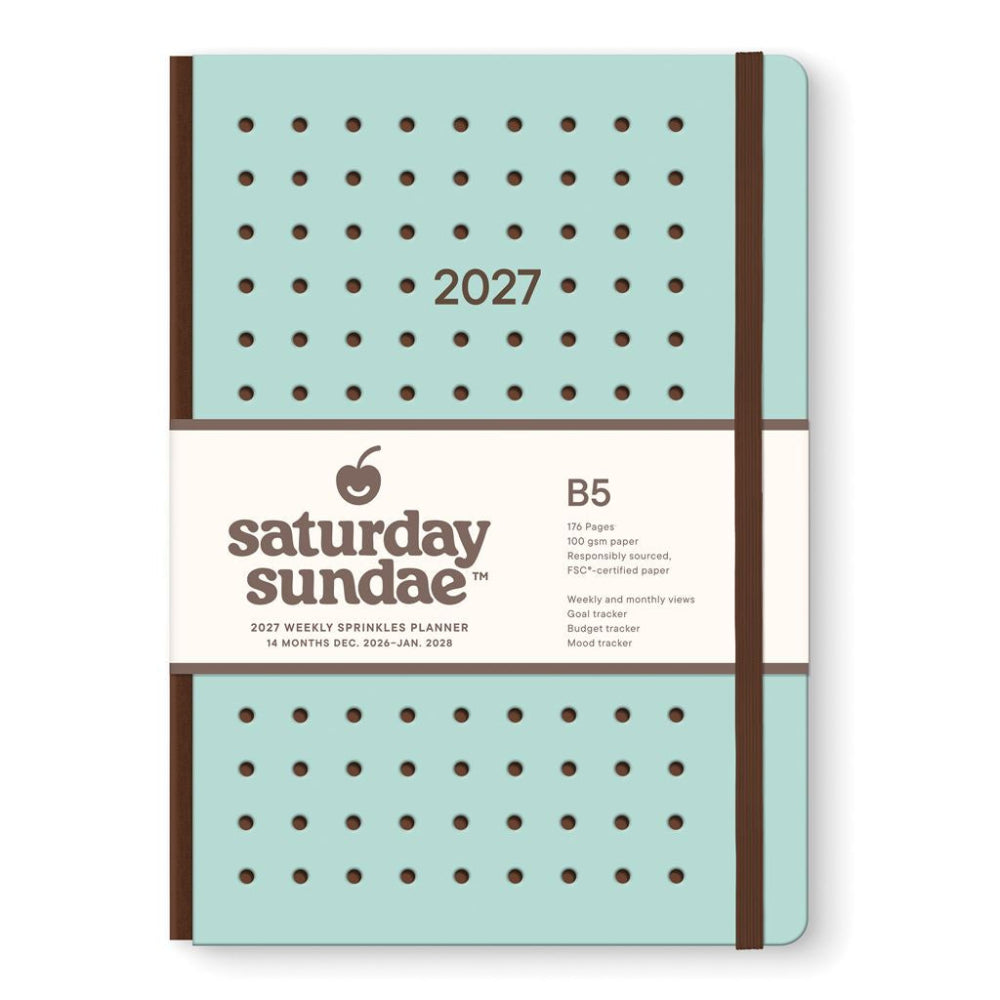 A Saturday Sundae 2027 B5 Weekly Spinkles Planner with a mint green cover, brown polka dot pattern, and a white paper band around the middle.