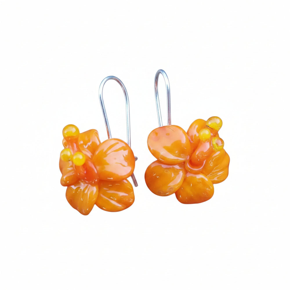 Rainey Designs Glass Hibiscus Earrings Orange